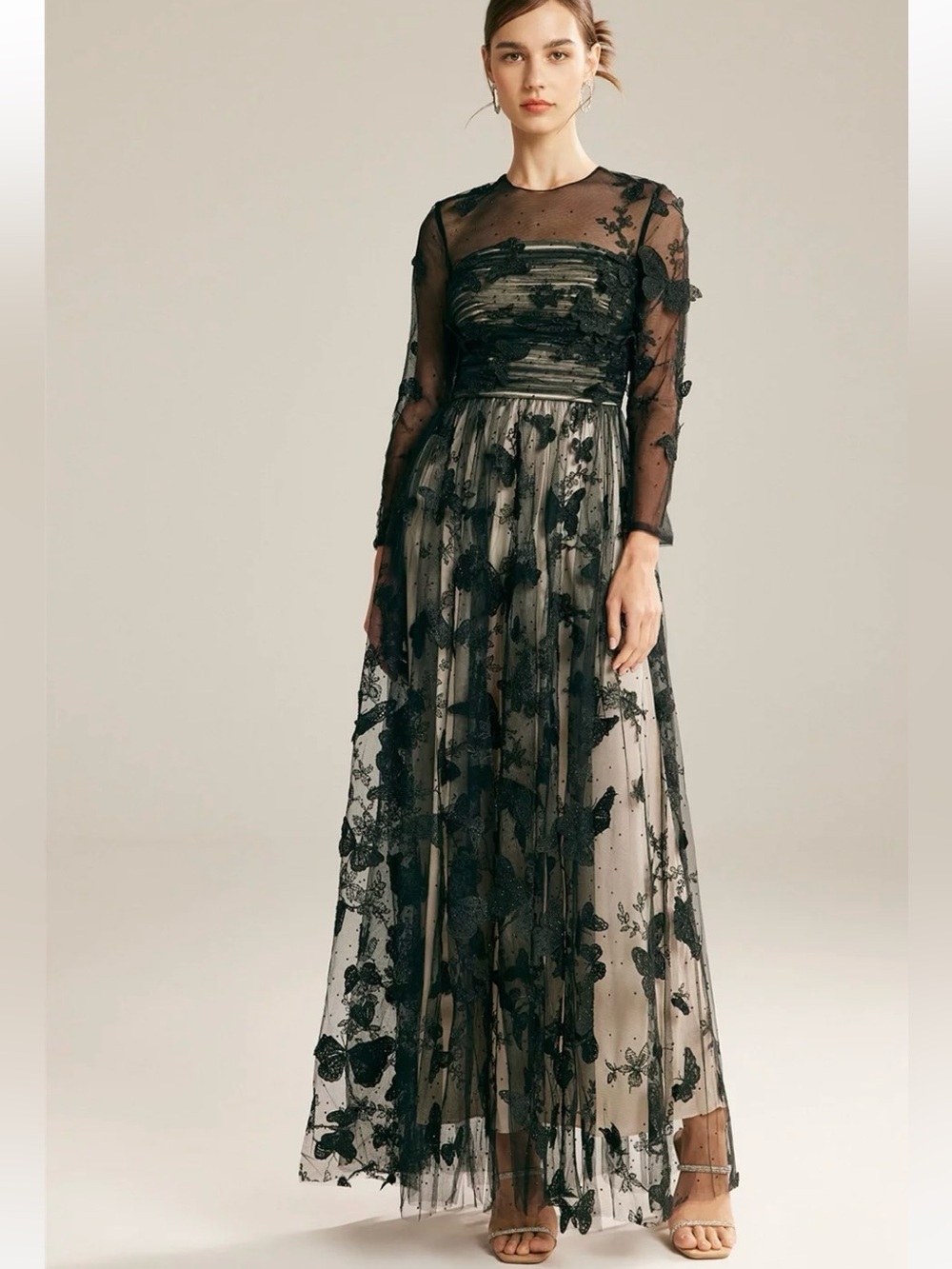New AW Butterly Dreams Sanvu 3D Appliqué Illusion Sleeve A-line Gown 8